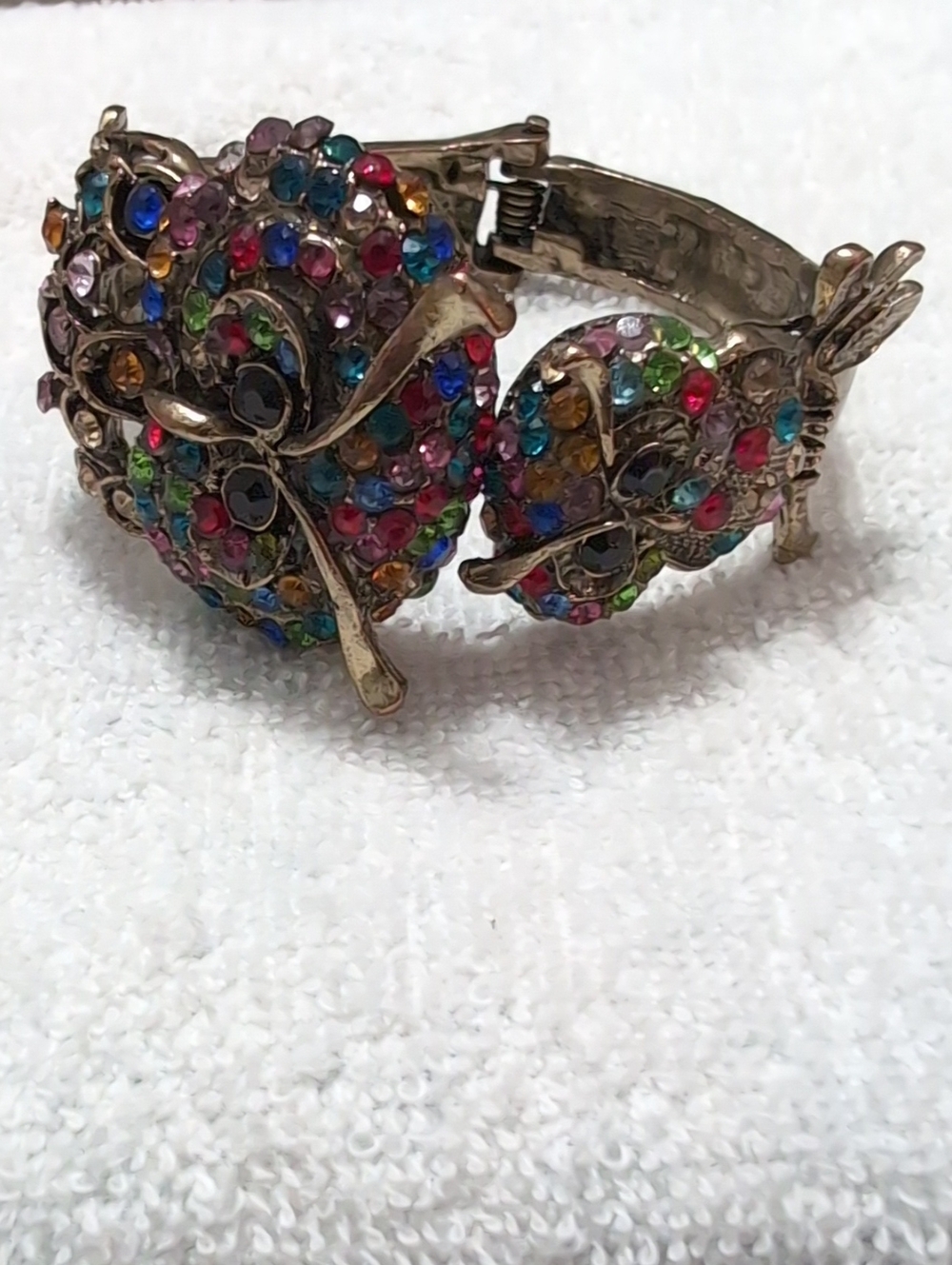 Vintage-Style Gold Rhinestone Hinged Cuff Owl Bangle - Multi-Color